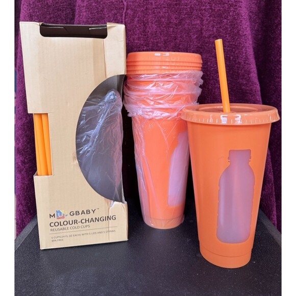 Cups 24 Ounces Reuseable Cup Top & Straw. Set of 5 purple and 5 Orange New - Picture 5 of 9
